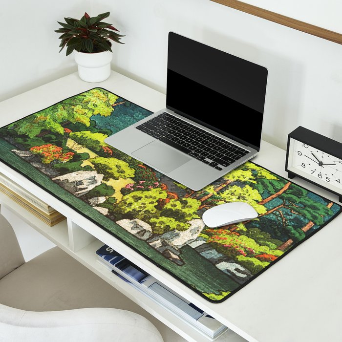 Resting at Dogo - Nature Ukiyo Landscape in Green, Orange, Red & Blue Desk Mat Gallery Image 2