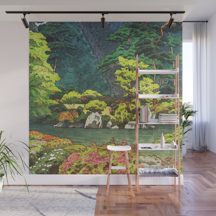 Resting at Dogo - Nature Ukiyo Landscape in Green, Orange, Red & Blue Wall Mural Gallery Image 1