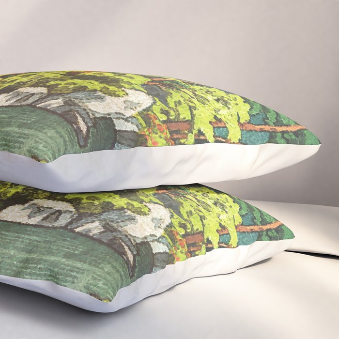 Resting at Dogo - Nature Ukiyo Landscape in Green, Orange, Red & Blue Pillow Sham Gallery Image 3