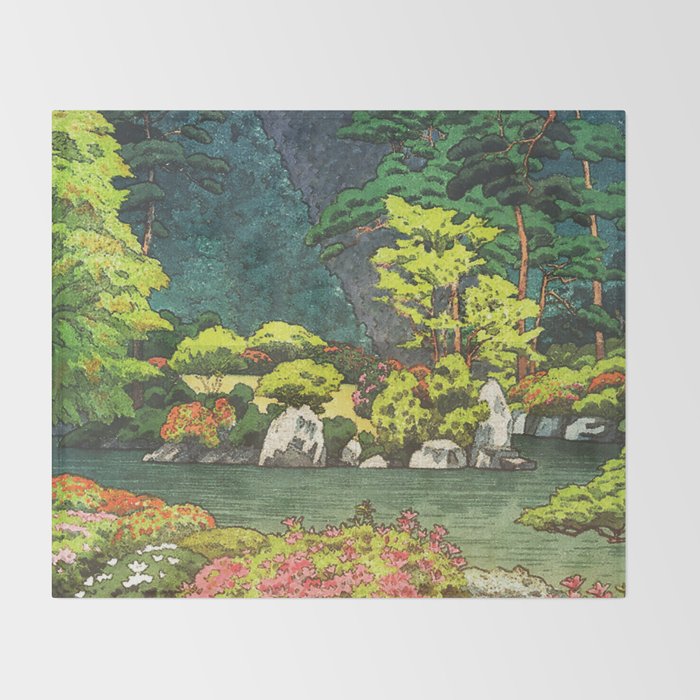Resting at Dogo - Nature Ukiyo Landscape in Green, Orange, Red & Blue Throw Blanket Gallery Image 2