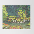 Resting at Dogo - Nature Ukiyo Landscape in Green, Orange, Red & Blue Throw Blanket Gallery Image 2