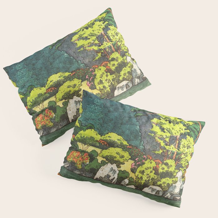 Resting at Dogo - Nature Ukiyo Landscape in Green, Orange, Red & Blue Pillow Sham Gallery Image 1
