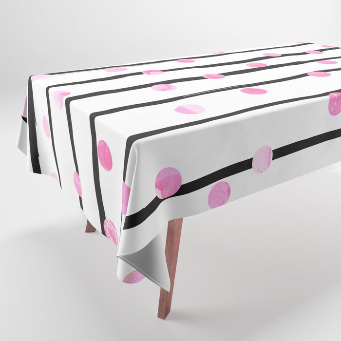 Blush pink black watercolor modern stripes polka dots Tablecloth Gallery Image 1