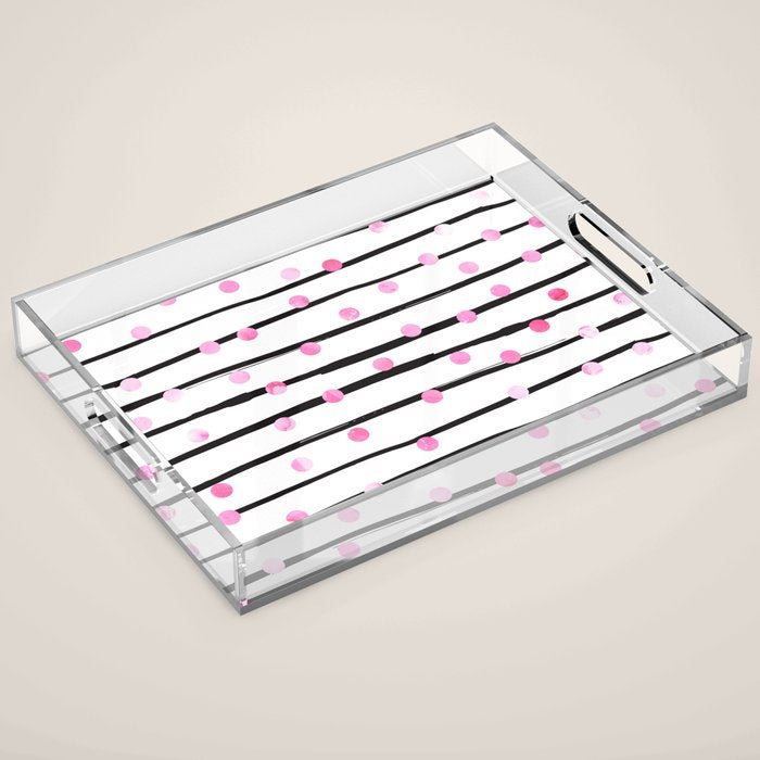 Blush pink black watercolor modern stripes polka dots Acrylic Tray Gallery Image 1