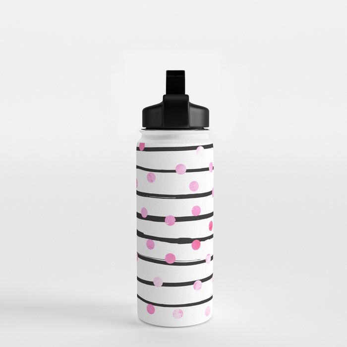 Blush pink black watercolor modern stripes polka dots Water Bottle Gallery Image 2