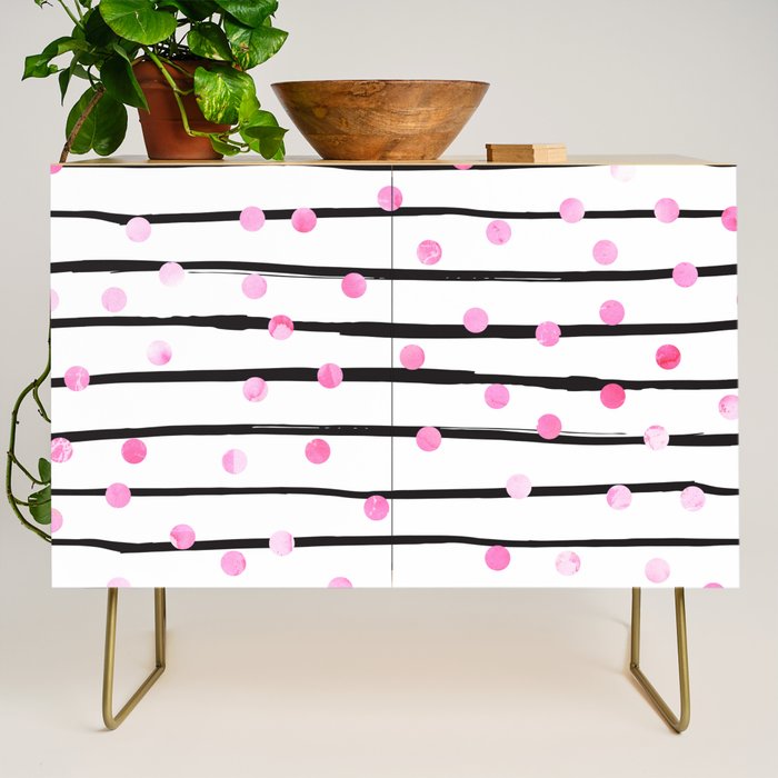 Blush pink black watercolor modern stripes polka dots Credenza Gallery Image 1