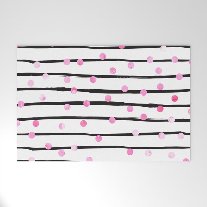 Blush pink black watercolor modern stripes polka dots Welcome Mat Gallery Image 1