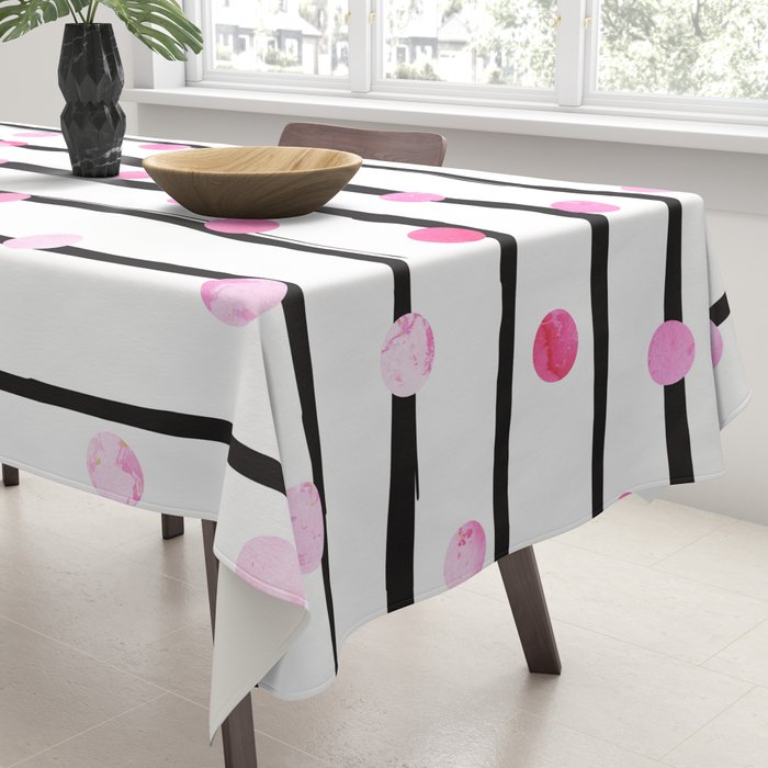 Blush pink black watercolor modern stripes polka dots Tablecloth Gallery Image 3