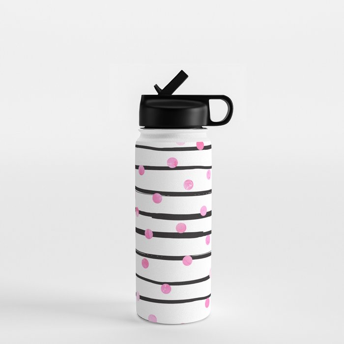 Blush pink black watercolor modern stripes polka dots Water Bottle Gallery Image 1