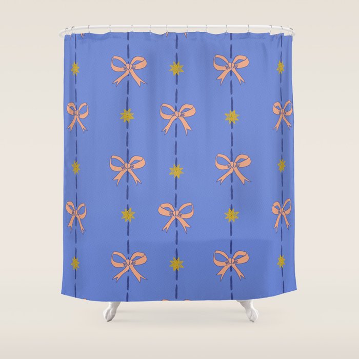 Cute Hair Bows & Stars in Sky Blue & Peach Shower Curtain Gallery Image 1