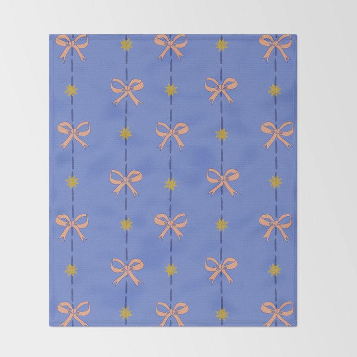 Cute Hair Bows & Stars in Sky Blue & Peach Throw Blanket Gallery Image 2