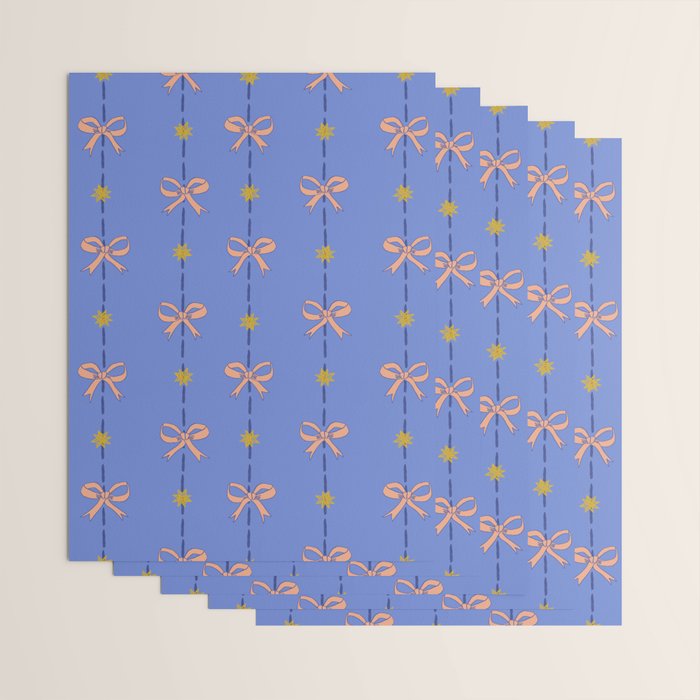 Cute Hair Bows & Stars in Sky Blue & Peach Wrapping Paper Gallery Image 3