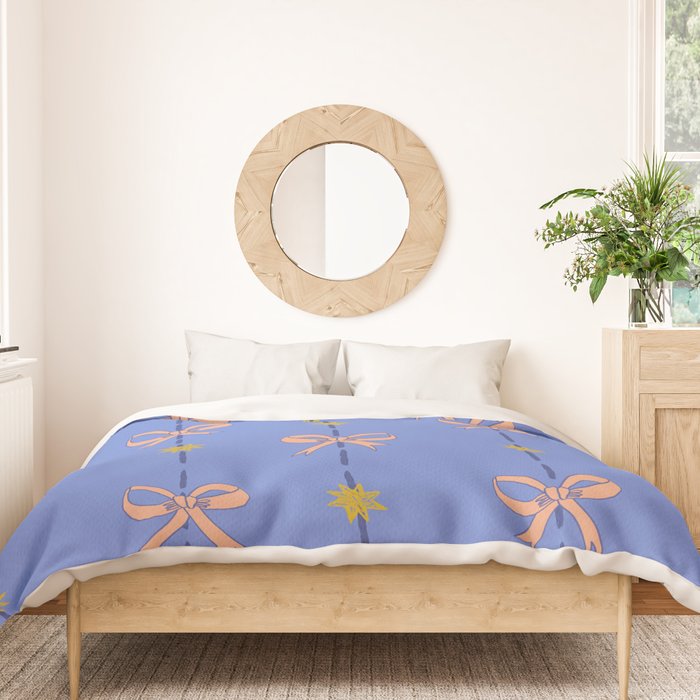 Cute Hair Bows & Stars in Sky Blue & Peach Duvet Cover Gallery Image 3