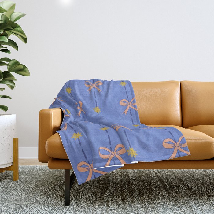 Cute Hair Bows & Stars in Sky Blue & Peach Throw Blanket Gallery Image 1