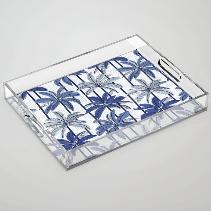 Retro Palm Springs vibes // white background highball indigo electric and pastel blue palm trees oxford navy blue lines Acrylic Tray Gallery Image 1