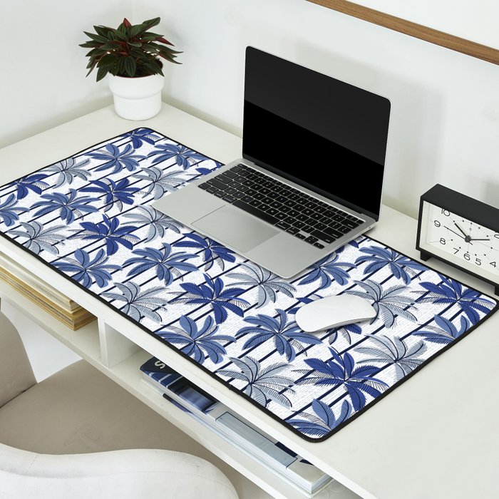 Retro Palm Springs vibes // white background highball indigo electric and pastel blue palm trees oxford navy blue lines Desk Mat Gallery Image 2