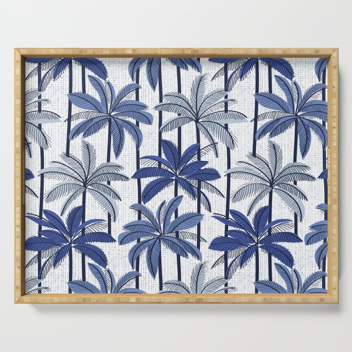 Retro Palm Springs vibes // white background highball indigo electric and pastel blue palm trees oxford navy blue lines Serving Tray Gallery Image 1