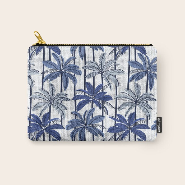 Retro Palm Springs vibes // white background highball indigo electric and pastel blue palm trees oxford navy blue lines Carry All Pouch Gallery Image 1