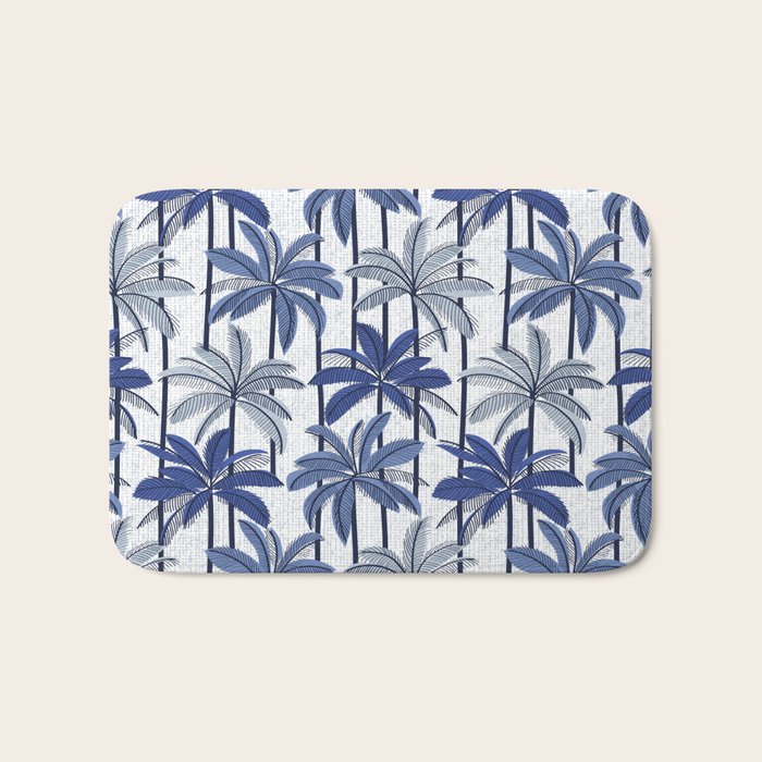 Retro Palm Springs vibes // white background highball indigo electric and pastel blue palm trees oxford navy blue lines Bath Mat Gallery Image 1
