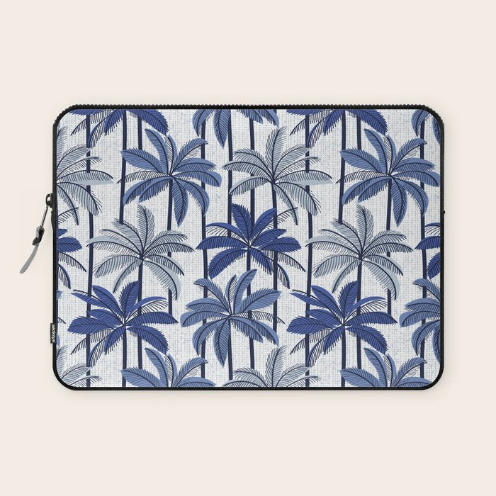 Retro Palm Springs vibes // white background highball indigo electric and pastel blue palm trees oxford navy blue lines Laptop Sleeve Gallery Image 1