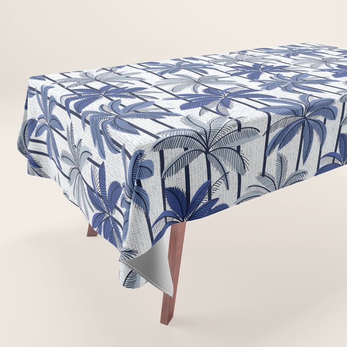 Retro Palm Springs vibes // white background highball indigo electric and pastel blue palm trees oxford navy blue lines Tablecloth Gallery Image 1