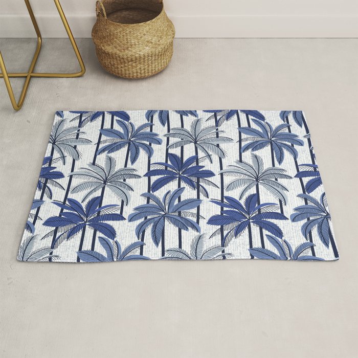 Retro Palm Springs vibes // white background highball indigo electric and pastel blue palm trees oxford navy blue lines Rug Gallery Image 1