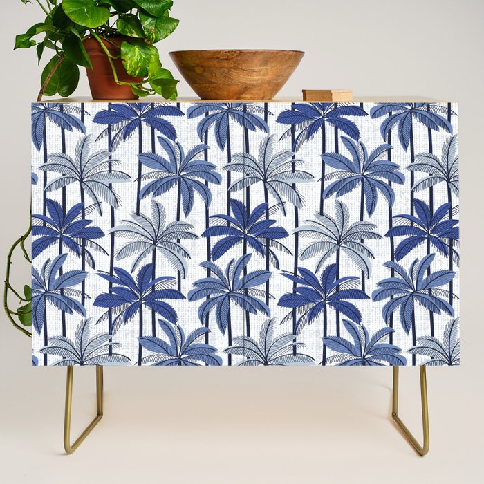 Retro Palm Springs vibes // white background highball indigo electric and pastel blue palm trees oxford navy blue lines Credenza Gallery Image 1
