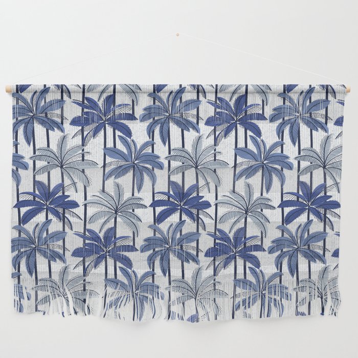 Retro Palm Springs vibes // white background highball indigo electric and pastel blue palm trees oxford navy blue lines Wall Hanging Gallery Image 1