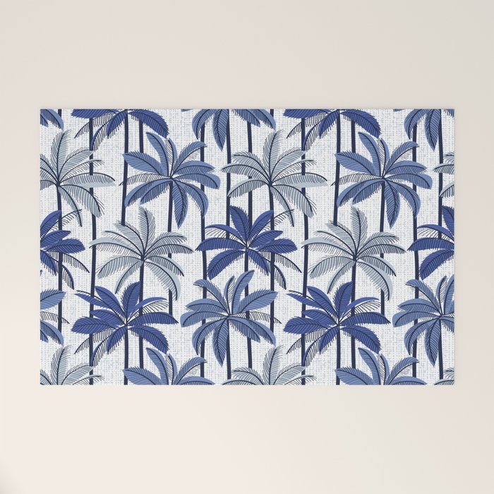 Retro Palm Springs vibes // white background highball indigo electric and pastel blue palm trees oxford navy blue lines Welcome Mat Gallery Image 1