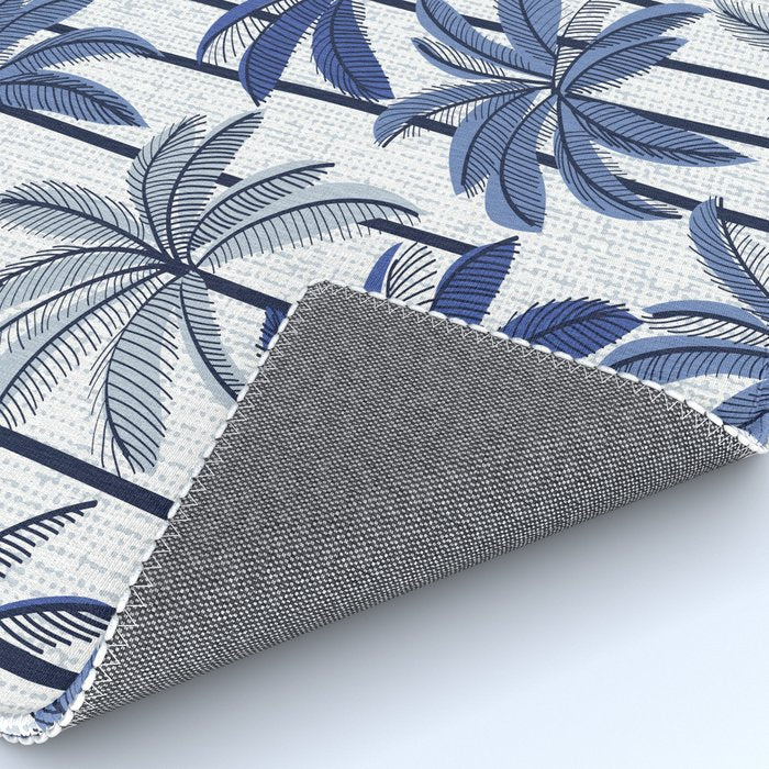 Retro Palm Springs vibes // white background highball indigo electric and pastel blue palm trees oxford navy blue lines Rug Gallery Image 4