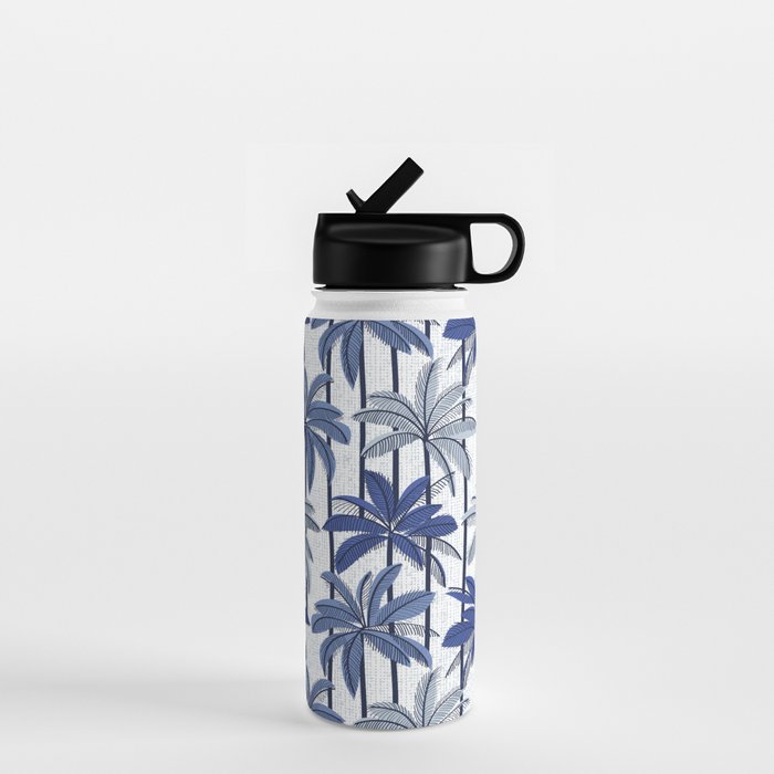 Retro Palm Springs vibes // white background highball indigo electric and pastel blue palm trees oxford navy blue lines Water Bottle Gallery Image 1