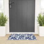 Retro Palm Springs vibes // white background highball indigo electric and pastel blue palm trees oxford navy blue lines Welcome Mat Gallery Image 3