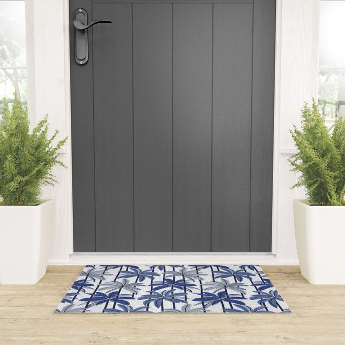 Retro Palm Springs vibes // white background highball indigo electric and pastel blue palm trees oxford navy blue lines Welcome Mat Gallery Image 3
