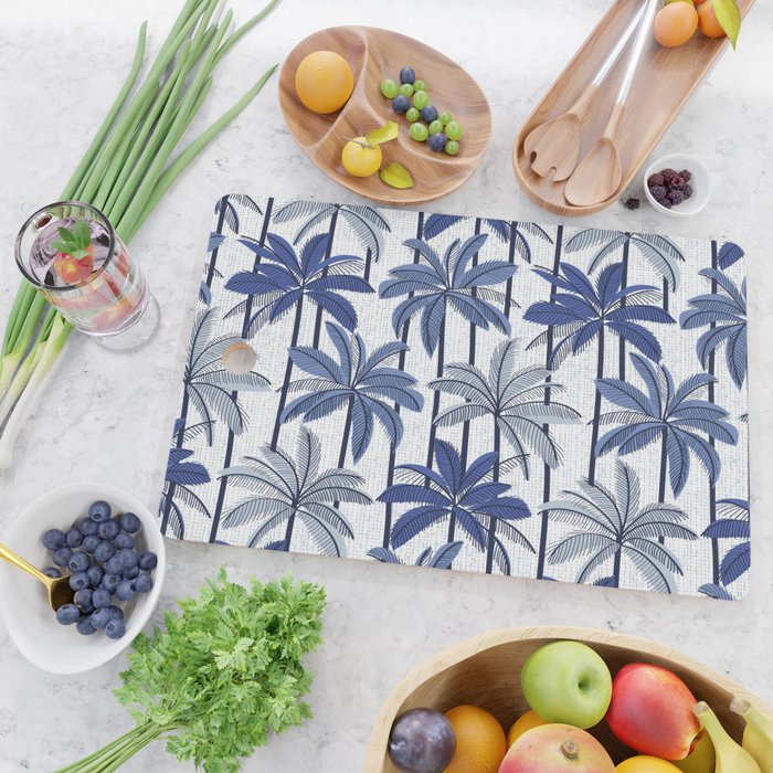Retro Palm Springs vibes // white background highball indigo electric and pastel blue palm trees oxford navy blue lines Cutting Board Gallery Image 2
