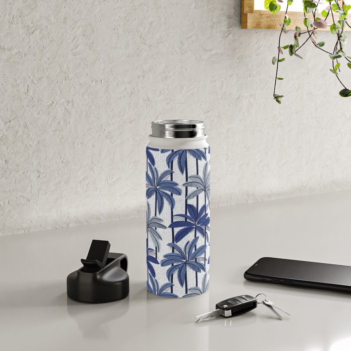 Retro Palm Springs vibes // white background highball indigo electric and pastel blue palm trees oxford navy blue lines Water Bottle Gallery Image 4