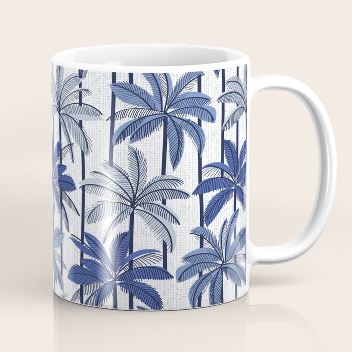 Retro Palm Springs vibes // white background highball indigo electric and pastel blue palm trees oxford navy blue lines Coffee Mug Gallery Image 1