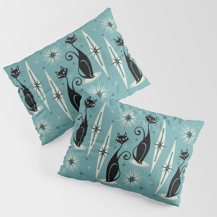 Mid Century Meow Retro Atomic Cats on Blue Pillow Sham Gallery Image 1