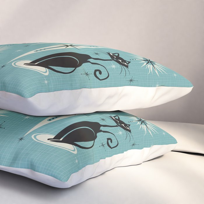 Mid Century Meow Retro Atomic Cats on Blue Pillow Sham Gallery Image 3