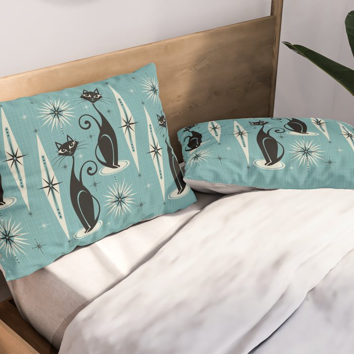 Mid Century Meow Retro Atomic Cats on Blue Pillow Sham Gallery Image 2