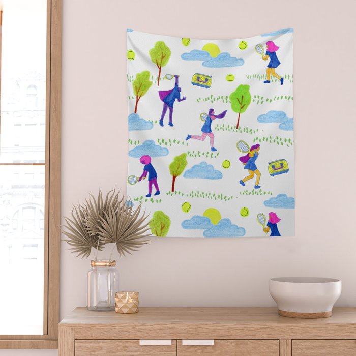 Let's Play Tennis in White & Blue Wall Tapestry Gallery Image 2