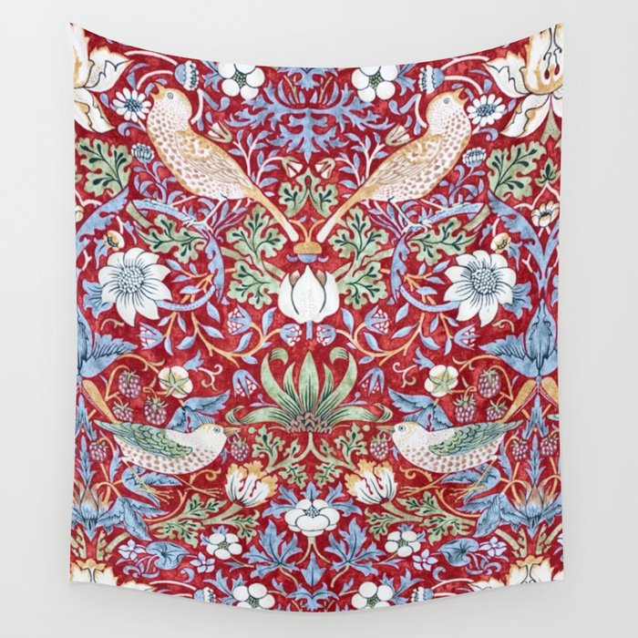William Morris Strawberry Thief Detail Burgundy Red Wall Tapestry Gallery Image 4