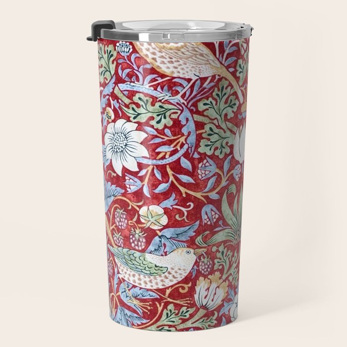 William Morris Strawberry Thief Detail Burgundy Red Travel Mug Gallery Image 3