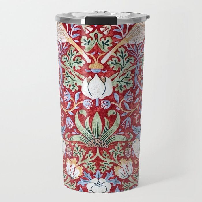 William Morris Strawberry Thief Detail Burgundy Red Travel Mug Gallery Image 1