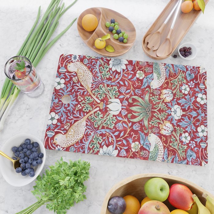 William Morris Strawberry Thief Detail Burgundy Red Cutting Board Gallery Image 2