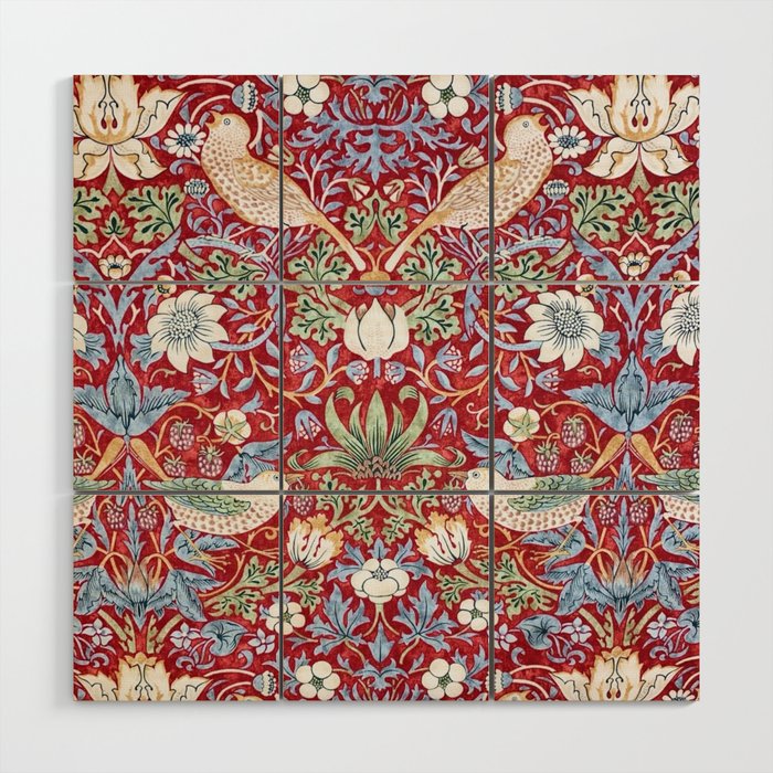 William Morris Strawberry Thief Detail Burgundy Red Wood Wall Art Gallery Image 1