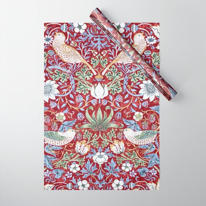 William Morris Strawberry Thief Detail Burgundy Red Wrapping Paper Gallery Image 1
