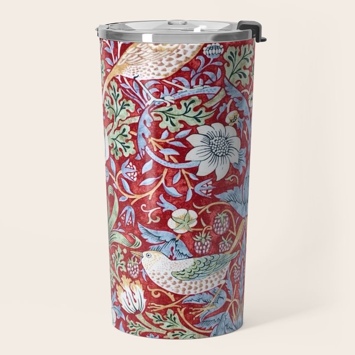 William Morris Strawberry Thief Detail Burgundy Red Travel Mug Gallery Image 2