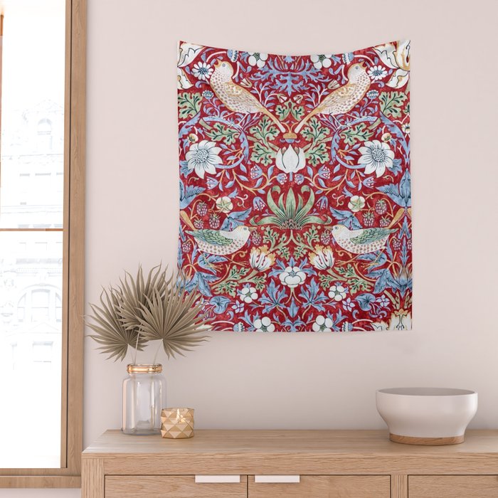 William Morris Strawberry Thief Detail Burgundy Red Wall Tapestry Gallery Image 2