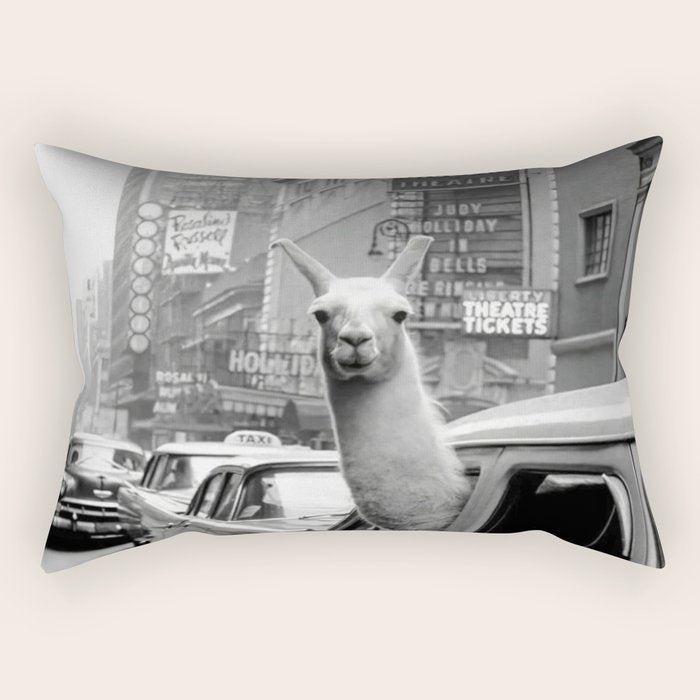 Llama Riding In Taxi Rectangular Pillow Gallery Image 1