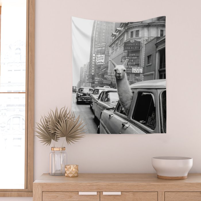 Llama Riding In Taxi Wall Tapestry Gallery Image 2